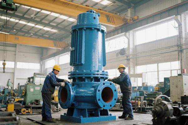 jimeng-2025-11-26-6382-大型船用泵工业制作工厂背景，船用泵制作，明亮，有两个工作人员正在忙碌，泵为主体，_